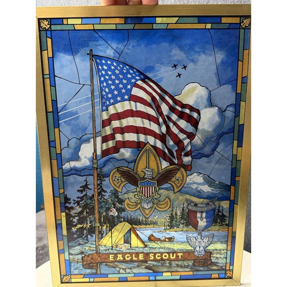 Vintage Boy Scouts 2010 Centennial Eagle Scout Stained Glass Panel Framed Art